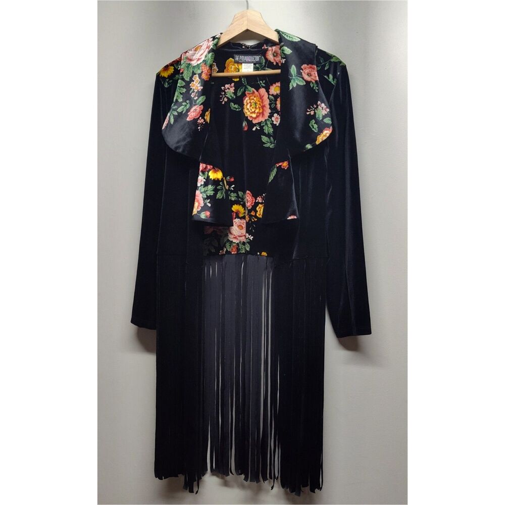 The Pyramid Collection Duster Jacket Women S Velvet Black Floral Open Fringe